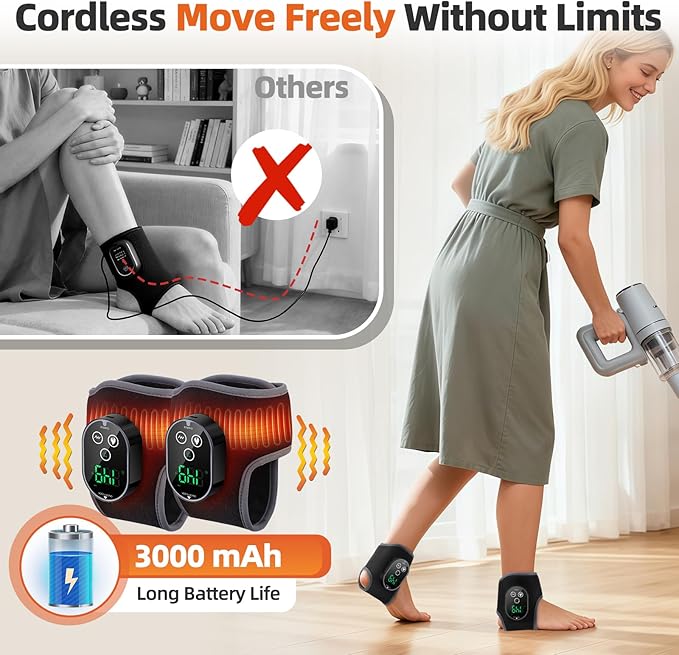 Ankle Massager, Cordless Ankle Heating Pad with Massage, Foot Massager with Heat, 3000mAh Rechargeable, 4 -Level Heats, Foot Heating Pad for Sports/Work/Travel (Black)