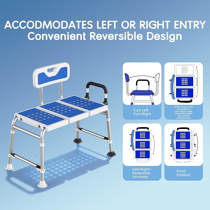 Bathtub Transfer Bench Shower Chair for Inside Tub Heavy-Duty Adjustable Width & Height Handicap Bath Chair with Extended Shower Seat and Reversible Backrest for Seniors, Elderly & Disabled