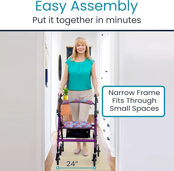 Vive Ultra Lightweight Rollator Walker with Seat - Foldable, Narrow, Rolling Senior Walker for Small Spaces - 4 Wheel Aluminum Adult Easy Drive Aid with Underseat Accessory