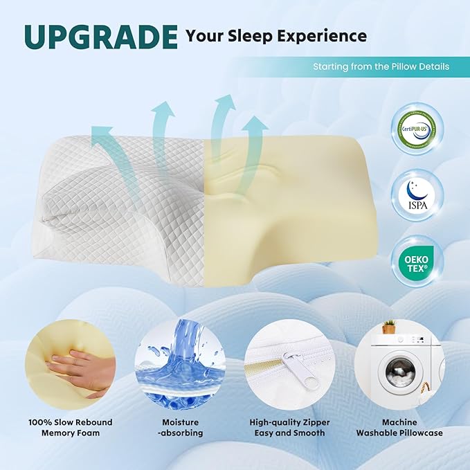 DUMOS Cervical Neck Pillow for Sleeping, Cooling Ergonomic Memory Foam Pillow with Arm Rest Slot and Ice Silk Pillowcase, Dual Height Orthopedic Support Contour for Side, Back, Stomach Sleepers