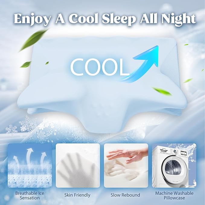 Cervical Pillow for Neck Pain Relief, Cooling Contour Memory Foam Pillows Support Odorless Ergonomic Neck Pillow Adjustable Orthopedic Bed Pillow for Side Back Stomach Sleeper,Modern Blue