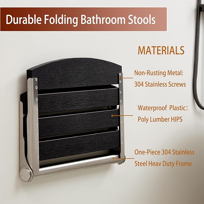 17.5" Wall Mounted Shower Seat, Fold Down Shower Seat Wall Mounted, HDPS Foldable Shower Seat, Folding Shower Seat Attached to Wall, for Inside Shower, Home Care(Black)