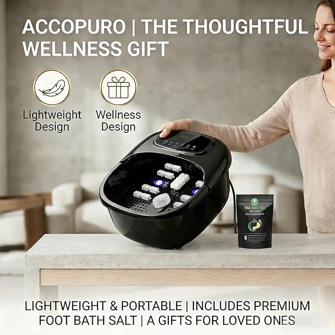 Foot Soaking Tub with Ozone UV, Foot Spa Bath Massager with Heat and Bubbles, Custom Temp Control, Pressure Rollers for Tired Feet, Gift Set for Parents Couples (Black)