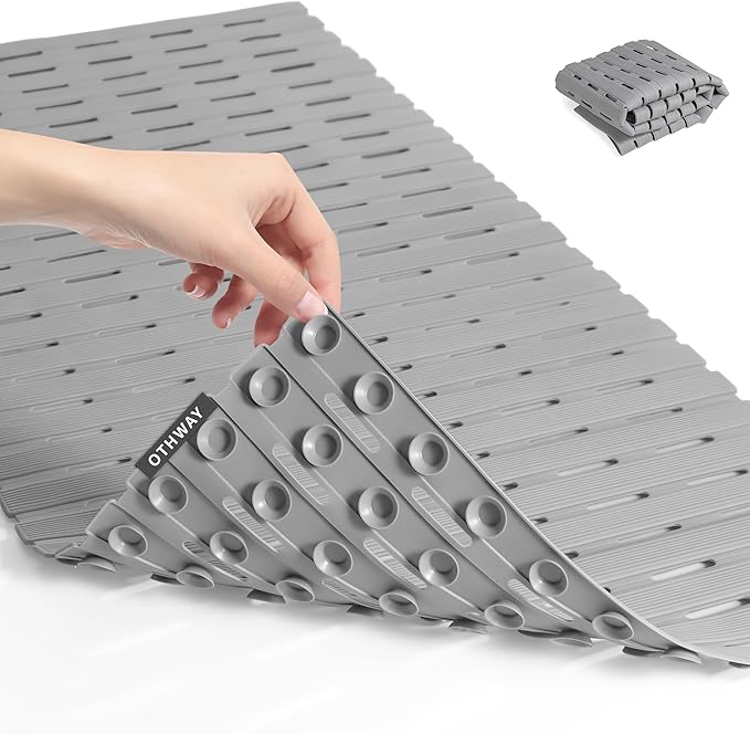 OTHWAY Anti Slip Shower Mat, 36.6" x 16.9" Soft Shower Mats for Inside Shower, Non Slip Shower Bath Mat for Tub with Suction Cups, Machine Washable Shower Floor Mat with Drainage Holes, Light Grey