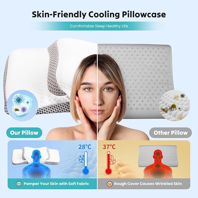 DUMOS Cervical Neck Pillow for Sleeping, Cooling Ergonomic Memory Foam Pillow with Arm Rest Slot and Ice Silk Pillowcase, Dual Height Orthopedic Support Contour for Side, Back, Stomach Sleepers