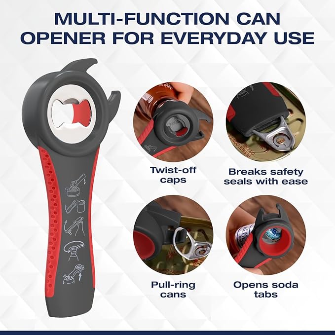 Jar Opener for Weak Hands with 5-in-1 Bottle Opener, Corkscrew Wine Opener, Firm Jar Gripper Pad and 2 Non Slip Rubber Grip Mats, Multifunction Kitchen Tool Set for Seniors, Easy Lid Removal-Red