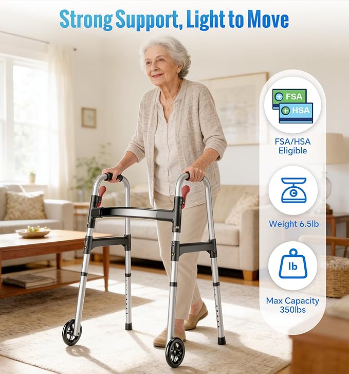 HOMLAND Walkers for Seniors, One-Hand Folding, 8 Height Adjustments, Walkers with Wheels, 2 Skis and 5" Wheels, Lightweight Walker for Seniors, Standard Walkers for Seniors, Aluminum Frame, Silver