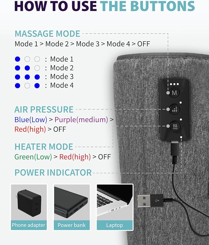Wireless Leg Massager - Air Compression Cordless Calf Massager with Heat for Circulation, Pain Relief, and Recovery, 4 Modes & 3 Intensities, Portable and Adjustable (Gray, Set of 2)