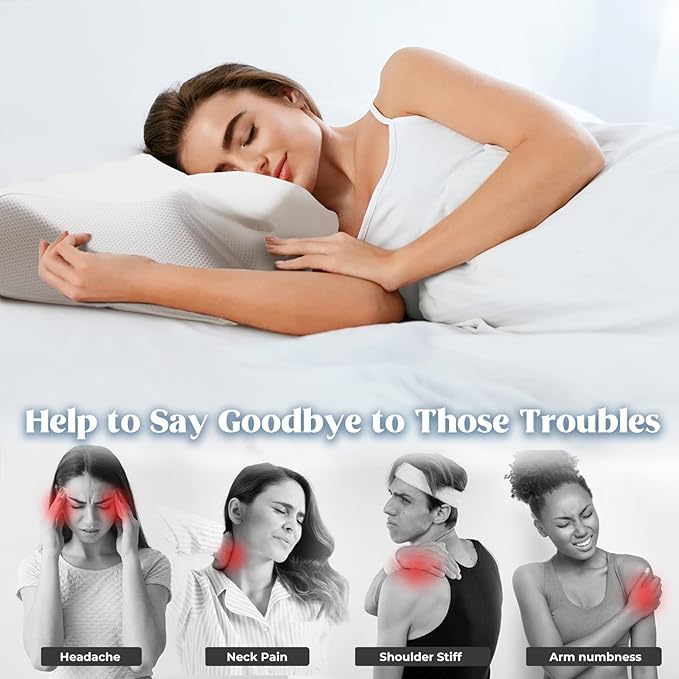 Cervical Pillow for Neck Pain Relief, Cooling Contour Memory Foam Pillows Support Odorless Ergonomic Neck Pillow Adjustable Orthopedic Bed Pillow for Side Back Stomach Sleeper,White