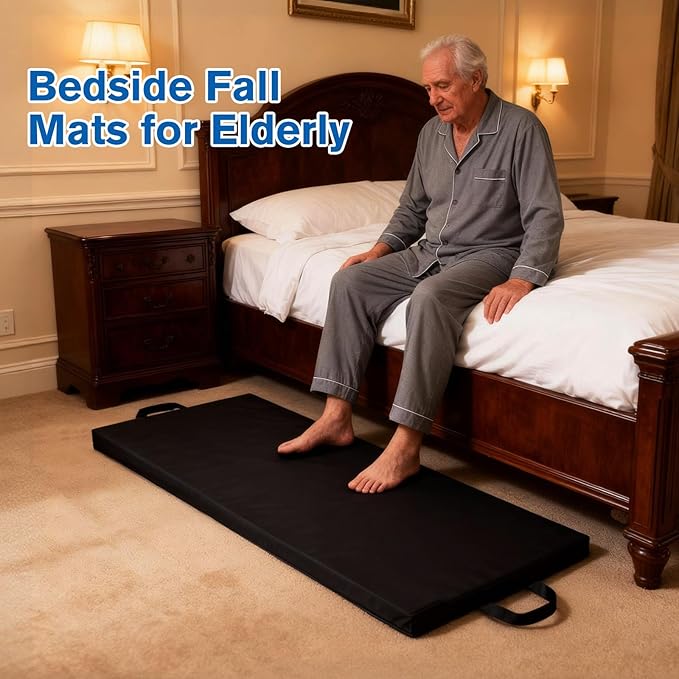 JZHLLA Bedside Fall Mats for Elderly 2.5 Inch Rollable High Density Foam Floor Mats 71.6 * 24 Inch Waterproof Non Slip Protection Mat for Elderly, Handicap, Senior