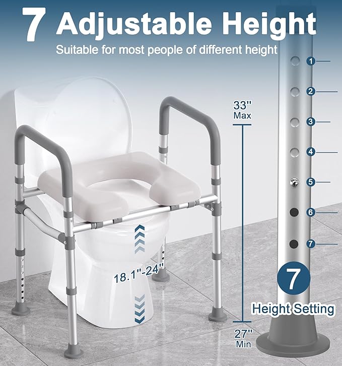 HOMLAND Raised Toilet Seat with Handles, 400 LBS Toilet Seat Risers for Seniors with Dual-Crossbar Support, Adjustable Height & Width Handicap Elevated Toilet Riser Fit Any Toilet, Gray