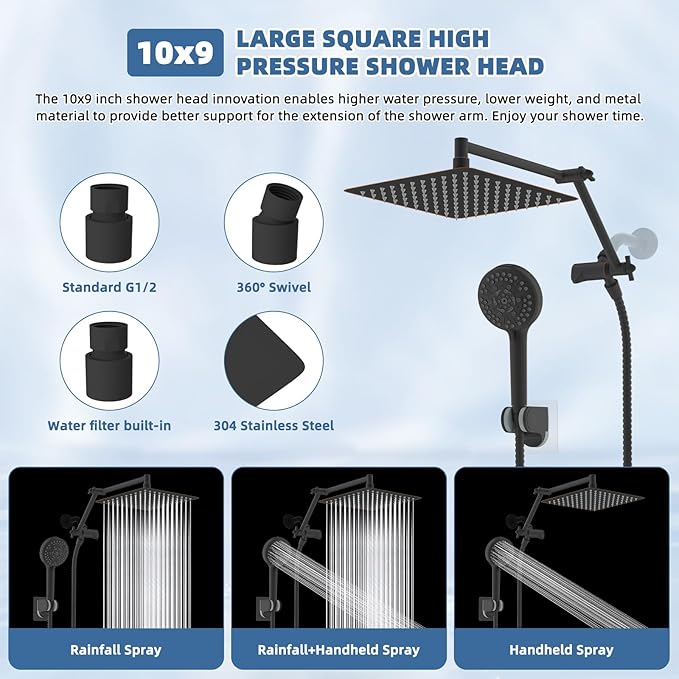 All Metal Rain Shower Head, 10” High Pressure Rainfall Shower Head with Handheld Spray, 10-Mode Powerful Cleaning Handheld Showerhead, 16" Stainless Steel Adjustable Extension Arm, Oil Rubbed Bronze