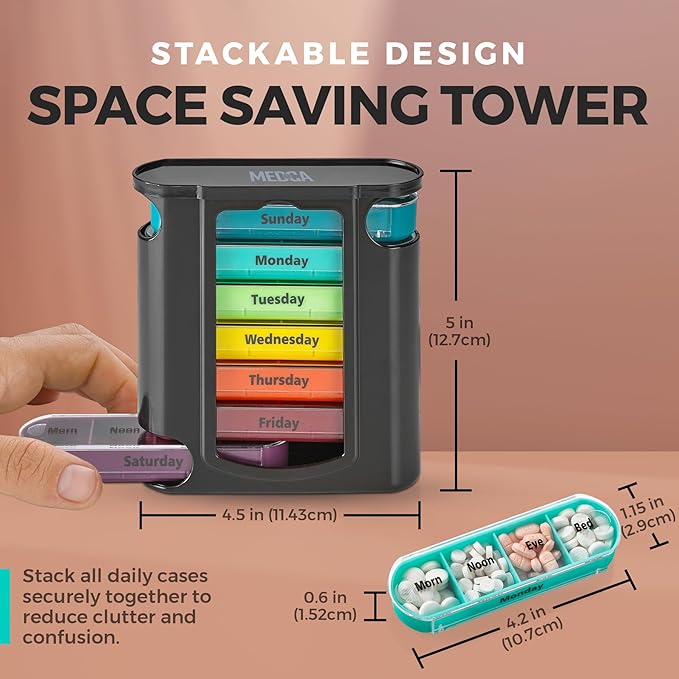 Weekly Pill Organizer, 1 Dispenser, 7 Stackable Compartments Four Times-a-Day - Morning, Noon, Evening, and Bedtime, Black