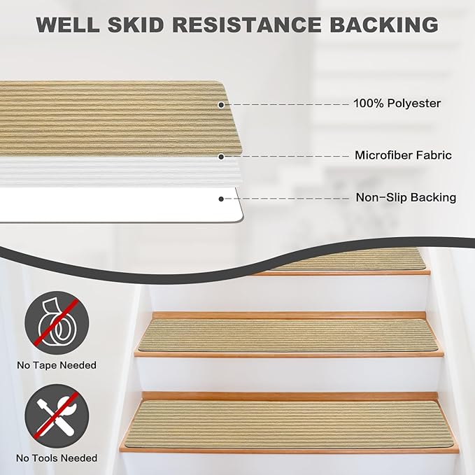 Stair Treads for Wooden Steps - Non Slip Stairs Carpet Tape Peel and Stick with Double Adhesive Tape Set of 15 Stripe- Beige