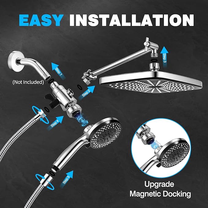 Rainfall Shower Head With Handheld Combo, Adjustable Drivse Filtered Shower Heads with Handheld Spray Combo, One-piece High Pressure, Built-in Magnetic Docking and Power Jets