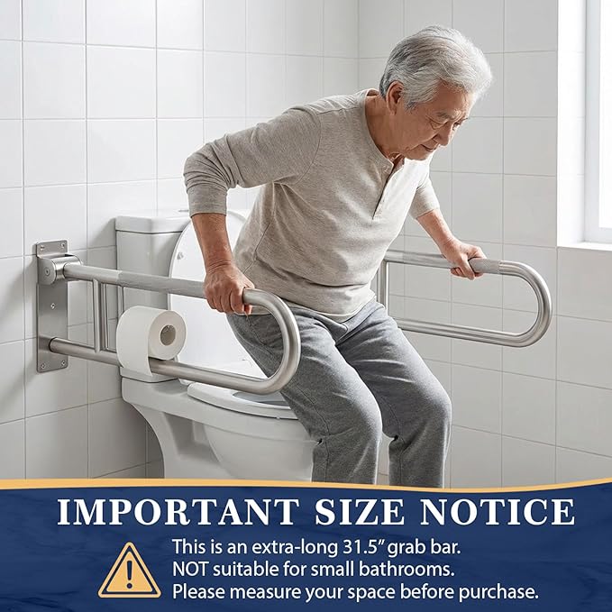 Zonon 2 Pack Flip Up Toilet Safety Rails, Anti Slip Extra Long Handicap Grab Bar with Paper Holder, Heavy Duty Bathroom Support Rail for Elderly Disabled Pregnant (Stainless Steel,30.3 Inch,Classic)