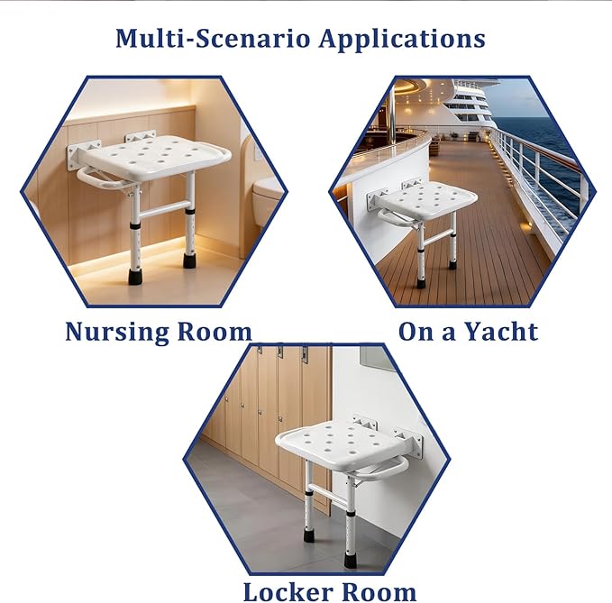 Foldable Wall Mounted Shower Seat, Height Adjustable Bathroom Stool with Armrests, 330lbs Capacity, Rustproof Bath Chair for Seniors, Elderly, Disabled & Pregnant Women