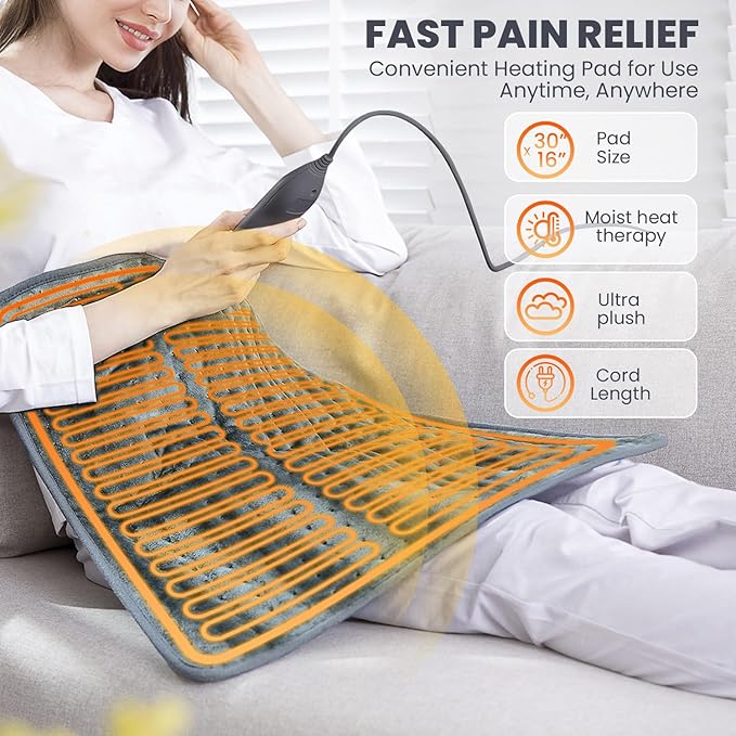 Heating Pad - Electric Heating Pad for Back Pain and Cramps Relief, Moist Heat Pad for Shoulder, Knee, Neck, 6 Heat Settings & Auto Shut Off and Machine Washable, 30" x 16"