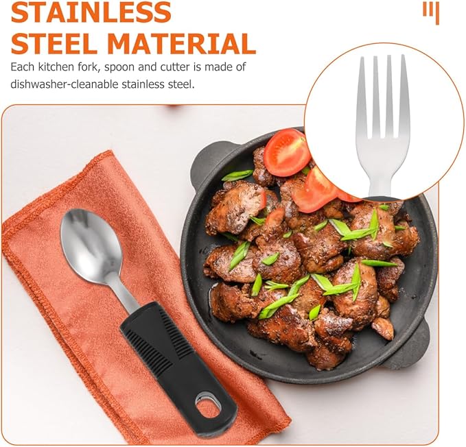 Healifty Adaptive Utensils Anti-Shake Tableware Set 3-Piece Non-Weighted Non-Slip Raised Handle Cutlery Fork Spoon Cutter 7.87 Inch Silverware for Elderly Arthritis Tremor Support