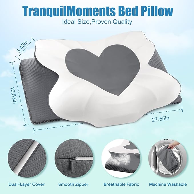 Cervical Neck Pillow for Sleeping, Memory Foam Pillow for Neck Support, Ergonomic Pillow for Pain Relief, Contour Bed Pillow for Side Back Stomach Sleepers, Grey, King Size