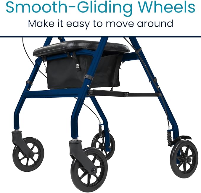 Vive Ultra Lightweight Rollator Walker with Seat - Foldable, Narrow, Rolling Senior Walker for Small Spaces - 4 Wheel Aluminum Adult Easy Drive Aid with Underseat Accessory