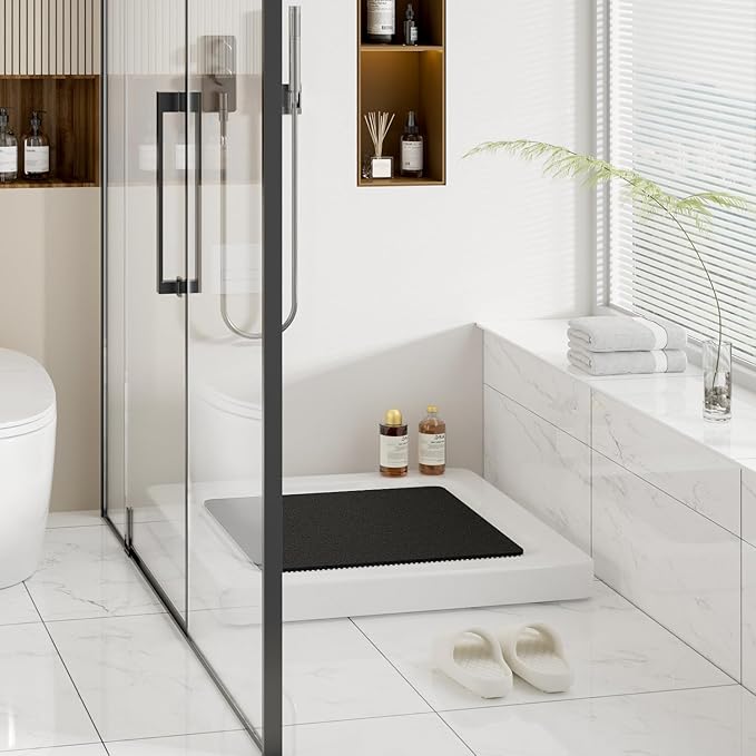 HITSLAM Square Shower Mat Non Slip, Bath Tub Mat for Textured Surface, Soft PVC Loofah Bathtub Mats Without Suction Cups, Quick Drying Shower Floor Mat, 24 x 24 Inch Bathroom Accessories, Black