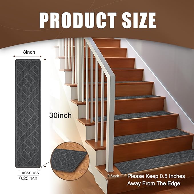 15 Pack 8 "X 30" Non-Slip Carpet Stair Treads for Indoor Wooden Steps, Made of Polyester and Reusable Adhesive, Suitable for Kids Elders and Pets（Grey Lines）