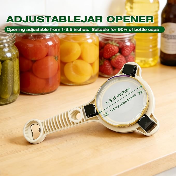 RAIN SPIRIT Adjustable Jar Opener for Seniors & Weak Hands – Ergonomic Manual Bottle Cap Opener for Small to Large Lids (1"-3.5") – Multifunction Kitchen Tool for Arthritic Hands, Beer, Sauces & Jars