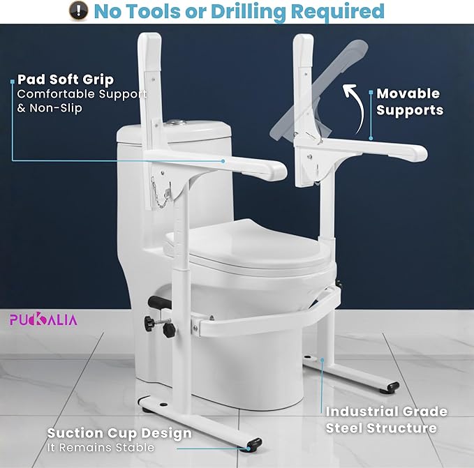 Toilet Safety Rails for Seniors - Adjustable Toilet Seat Riser with Handles, 397 lbs Heavy Duty Medical Stand Assist Frame, Handicap Bathroom Safety Rails Fits Most Toilets, Tool-Free Assembly, White