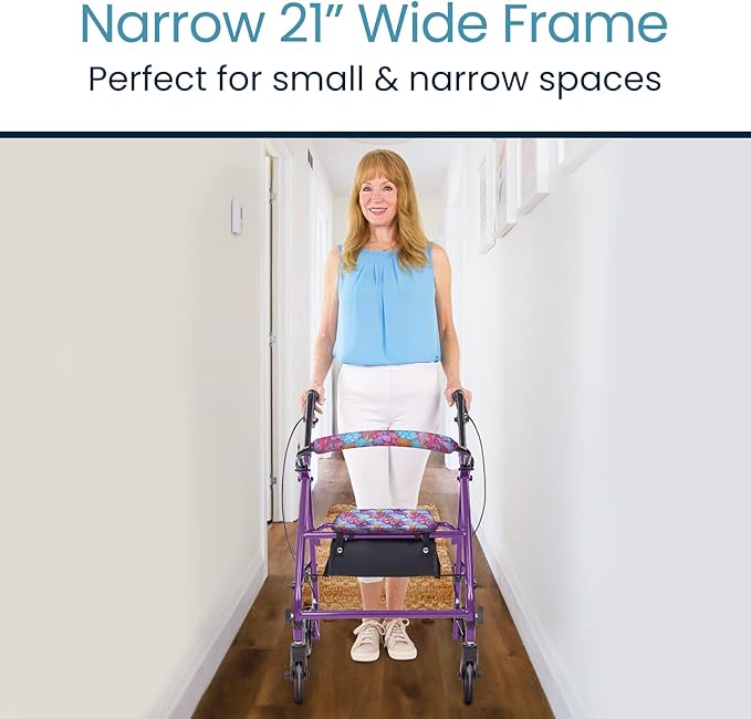 Vive Mobility Steel Rollator Walker with Seat - Foldable, Narrow, Rolling Senior Walker for Small Spaces - 4 Wheel Lightweight Adult Easy Drive with Underseat Storage, Adjustable Height (Black)