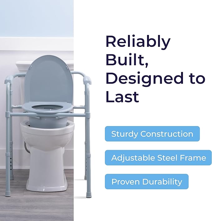 Drive Medical Folding Steel Bedside Commode Chair - Portable 3-in-1 Toilet Solution - Adjustable Height - 7.5 Qt Bucket Included - Durable Powder-Coated Steel Frame - Supports up to 350 Lb