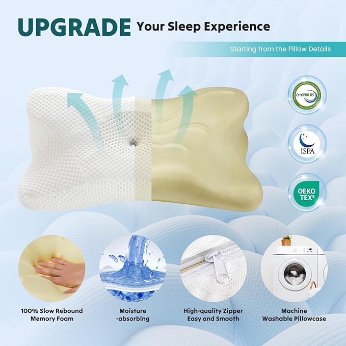 DUMOS Cervical Neck Pillow, Cooling Ergonomic Memory Foam Pillows for Neck Pain Relief with Breathable Pillowcase, Dual Height Orthopedic Support Contour Pillow for Side, Back, Stomach Sleepers, White