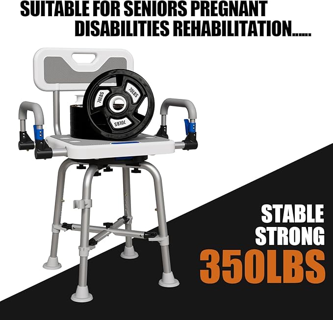 360° Swivel Shower Chair for Elderly and Disabled 400lbs Heavy Duty Bathing Transfer Stool with Armrests & Backrest Adjustable Height Bath Chair for Inside Shower Standard Bathrooms & Bathtubs Gray