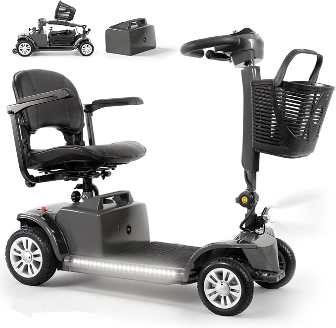 Mobility Scooter for Adults Senior,4 Wheels Electric Powered Scooter,Lightweight Mobility Scooter,with LED Headlights and Basket,Charger Included, Detachable Battery and Rotatable Seat (Grey-Black)