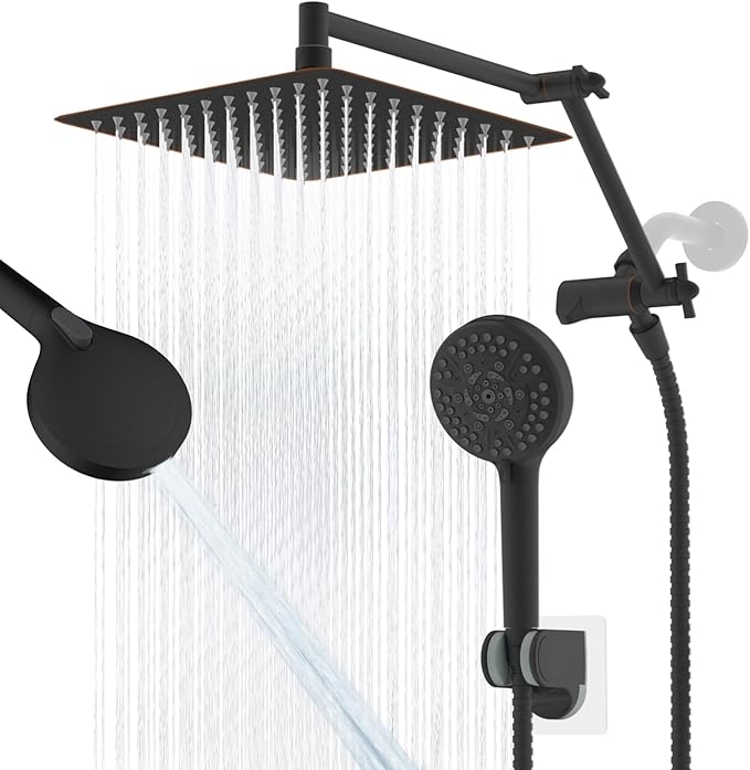 All Metal Rain Shower Head, 10” High Pressure Rainfall Shower Head with Handheld Spray, 10-Mode Powerful Cleaning Handheld Showerhead, 16" Stainless Steel Adjustable Extension Arm, Oil Rubbed Bronze