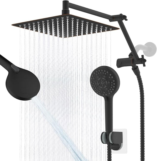 All Metal Rain Shower Head, 10” High Pressure Rainfall Shower Head with Handheld Spray, 10-Mode Powerful Cleaning Handheld Showerhead, 16" Stainless Steel Adjustable Extension Arm, Oil Rubbed Bronze