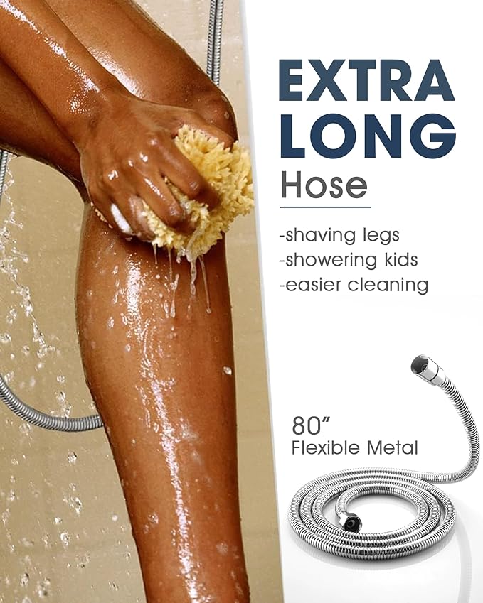 Handheld Shower Head with 6.56ft Extra Long Hose, On Off Switch 8-Seting High Preesure Hand Held Showerhead, Low-Reach Adhesive Holder for Kid, Disable& Elder (Chrome)