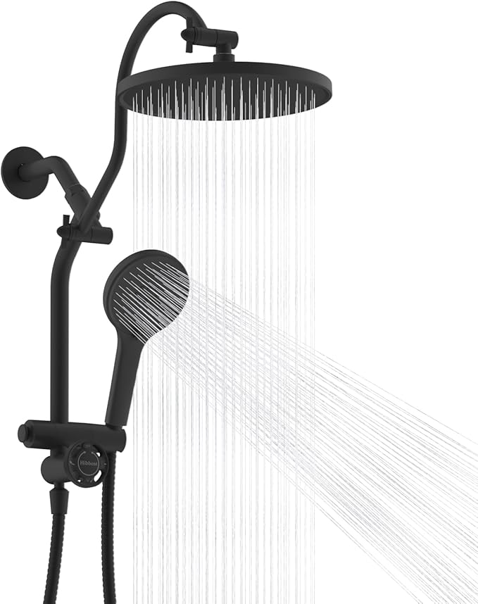Hibbent Upgraded cUPC Certified Self-cleaning Shower Head Combo, High Pressure 10'' Rain Showerhead with 3-Spray Handheld, All Metal Arm with Easy Reach 4-way Diverter, 71" Hose & Holder, Matte Black