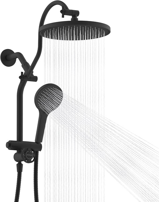 Hibbent Upgraded cUPC Certified Self-cleaning Shower Head Combo, High Pressure 10'' Rain Showerhead with 3-Spray Handheld, All Metal Arm with Easy Reach 4-way Diverter, 71" Hose & Holder, Matte Black