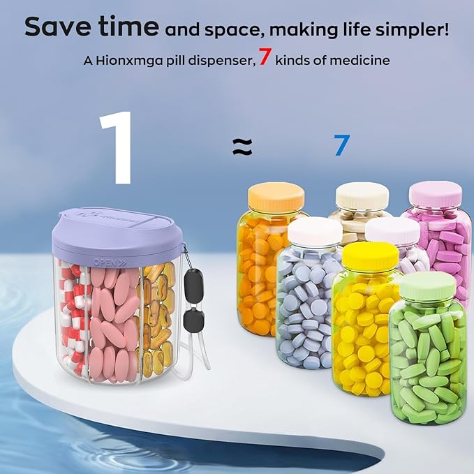 Hionxmga Pill Dispenser with 7 Large Compartments, Pill Organizer for Travel, Supplement Organizer with Anti-Mixing Design, BPA-Free Pill Container with 20 Pcs Labels, Purple
