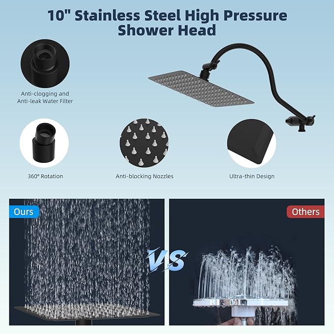 Hibbent All Metal High Pressure Rainfall 10'' Shower Head, CUPC Certified Handheld Showerhead Combo, 12'' Adjustable Shower Extension Arm, 10-Spray, 71'' Hose, Adhesive Showerhead Holder, Matte Black