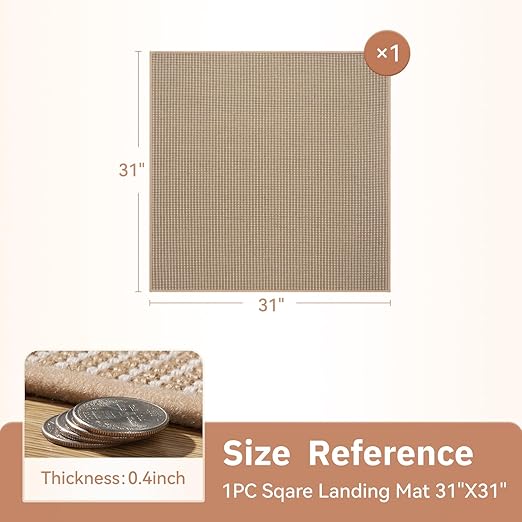 Jute Stair Landing Mat-Square Non Slip Stair Treads for Wooden Steps-Peel and Stick Stair Carpet Indoor, Adhesive Staircase Step Treads Residue Free, Natural Landing Mat for Stairs,31"x31" Beige