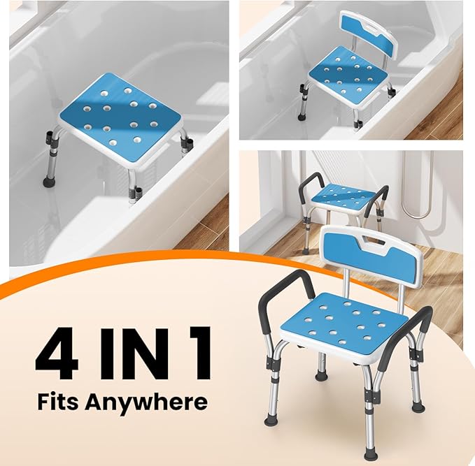 Shower Chair for Inside Shower [Military Grade] [500 lbs Heavy Duty] Shower Seat with Arms and Back for Bathtub, [FSA/HSA Eligible] Height Adjustable Safety Bath Seat for Elderly and Disabled, Blue
