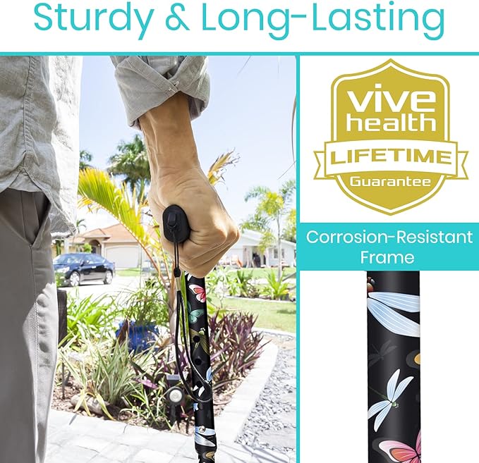 Vive Folding Cane - Foldable Walking for Men, Women Fold-up, Collapsible, Lightweight, Adjustable, Portable Hand Stick Balancing Mobility Aid Sleek, Comfortable (Black Butterfly)