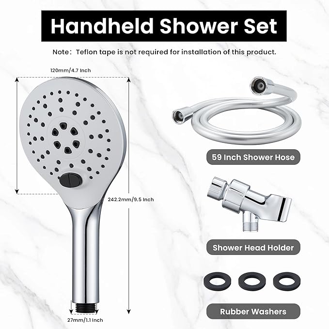 KPW Handheld Shower Head with 59" Hose Chrome Detachable Shower Head Adjustable Bracket High Pressure Handheld Shower Head RV Shower Head