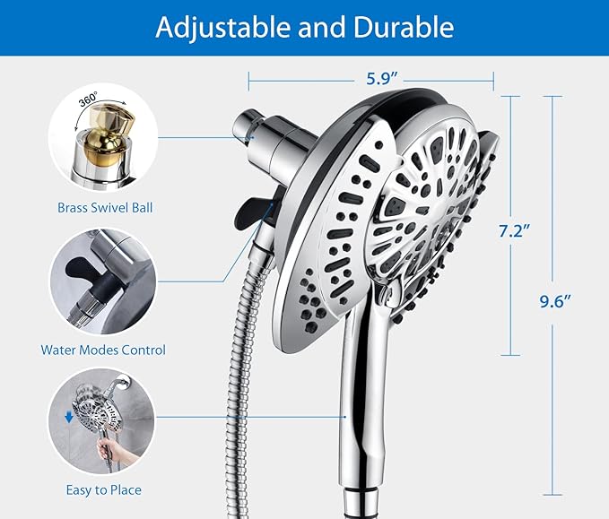 INAVAMZ 2-in-1 Shower Head with Handheld Combo: 2.5GPM Rainfall Shower Head & Handheld Shower Head Use Together or Alone, 9 Spray Settings Hand Held Shower Head with Hose, Shower Trim Systems