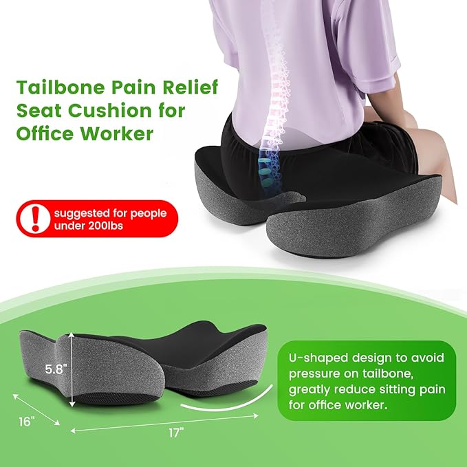 anzhixiu Wheelchair Seat Cushion, Deep U Relieve Sciatica, Back, Coccyx, Hemorrhoids Pain- Slope Curve Office Chair Cushion for Long Sitting Time- Black/Gray
