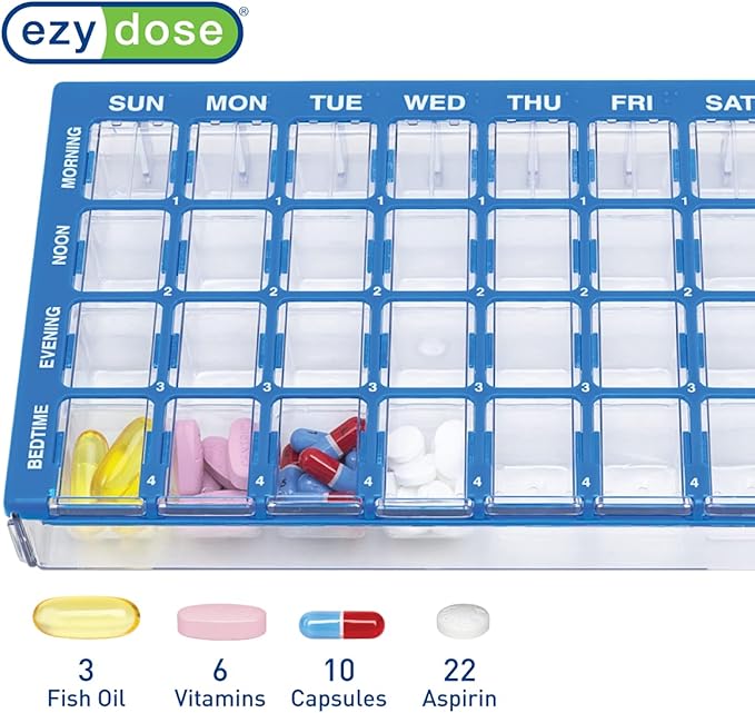 EZY DOSE Weekly AM/PM (7-Day) Daily Pharmadose Pill Planner, Medicine Case, Vitamin and Supplement Organizer, Medium Easy Fill Compartments, 4 Times a Day, 28 Compartments, Blue, BPA Free