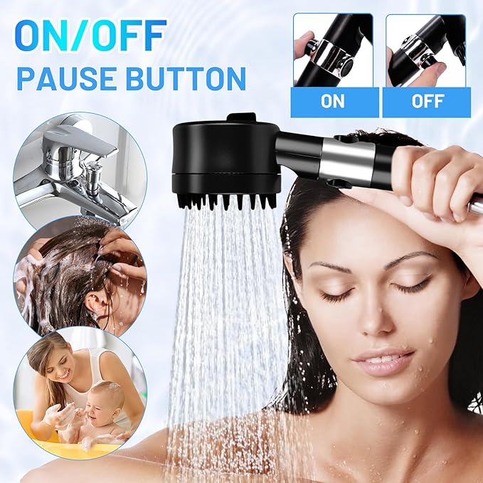 Filtered Shower Head with Handheld, High Pressure Water Flow and 4 Spray Modes, Power Wash for Hard Water, Showerhead Set with 59″ Hose、Bracket、Filters, ON/OFF Switch for Pets Bath (Black)
