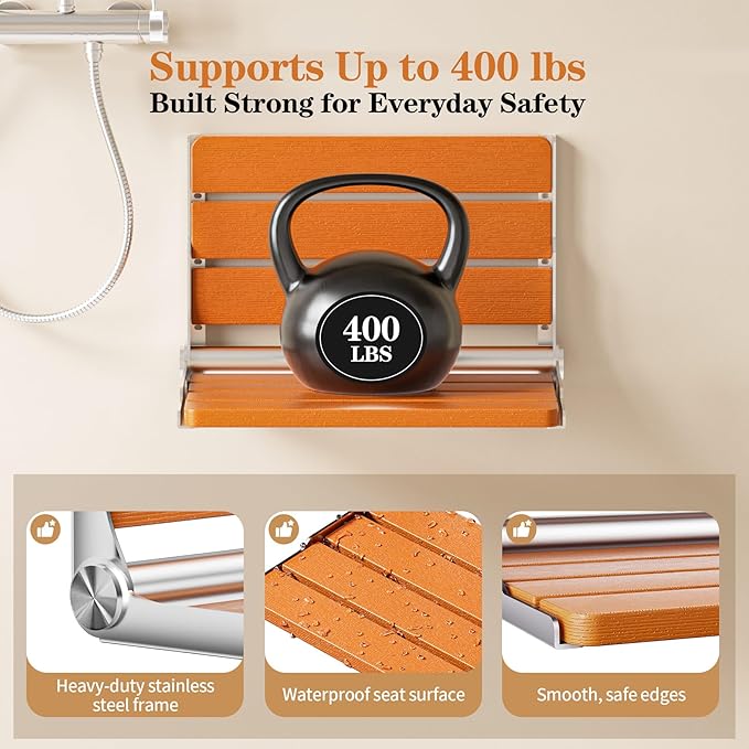 Folding Shower Seat Wall Mounted, 15" Folding Shower Bench for Elderly, Disabled, Pregnant, Foldable Shower Chair for Small Bathroom, 400 lbs Capacity, Space-Saving Design - Teak
